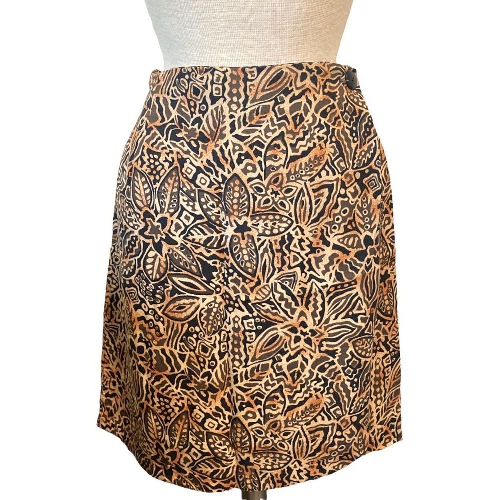 Vintage Y2K Tribal Floral Flower Leaf Brown Black Tan Wrap Skirt High Waisted S